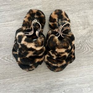 UGG Leopard Print Faux-Fur Slide Slippers in Brown and Black